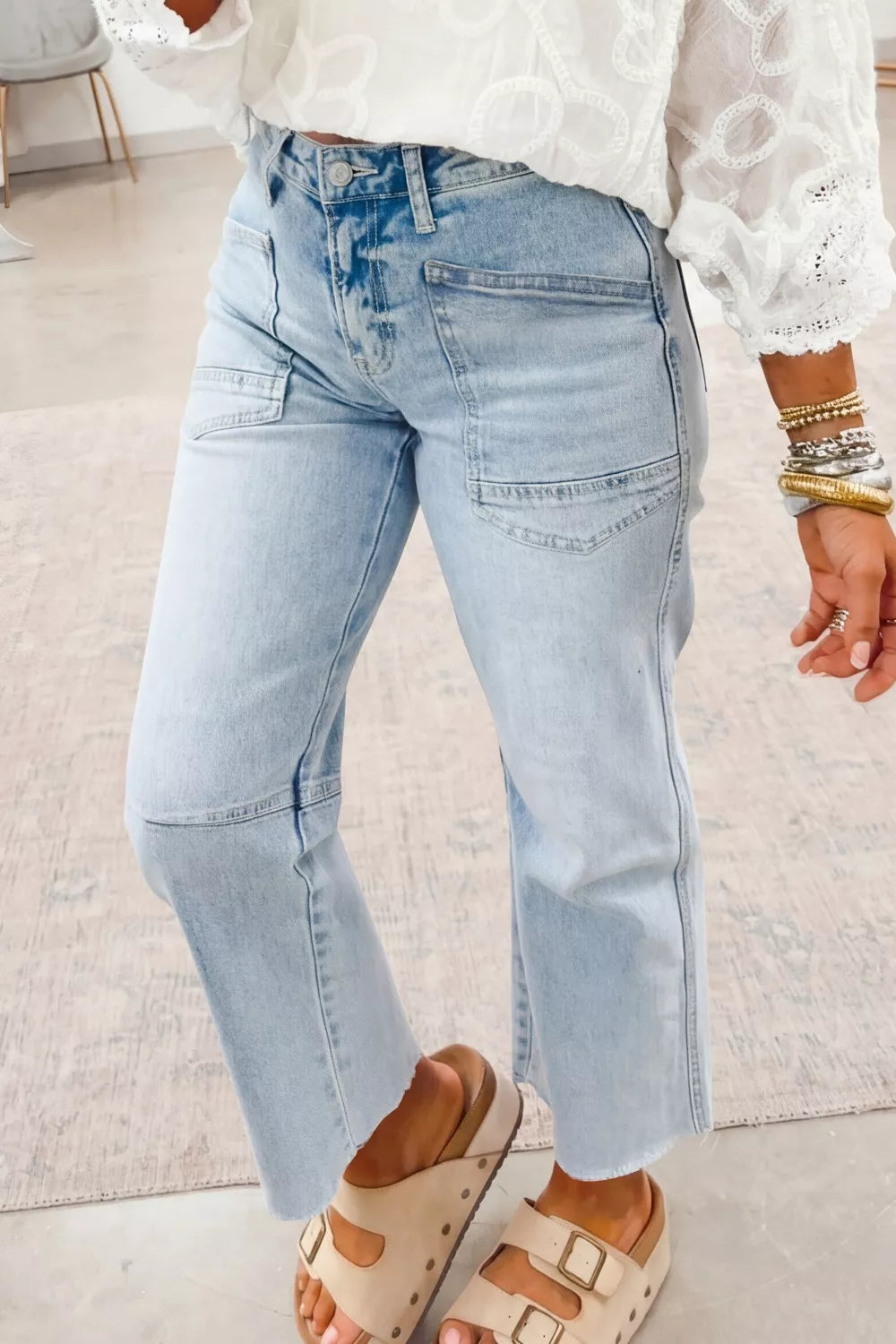 Light Wash Utility Pocket Straight Leg Jeans New Era Fashion LLc