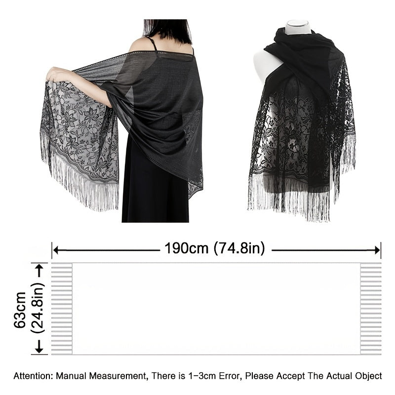 Women's Casual Shawl Wrap - Solid Color, Lightweight Polyester Knit - Going Out Essentials | Fringe Trim | Floral Lace Details NovaCart