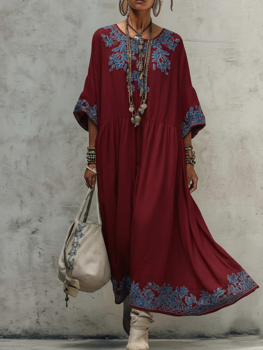 Women's Printed Batwing Sleeve Midi Dress – Loose Fit Linen Blend FitiqueFit