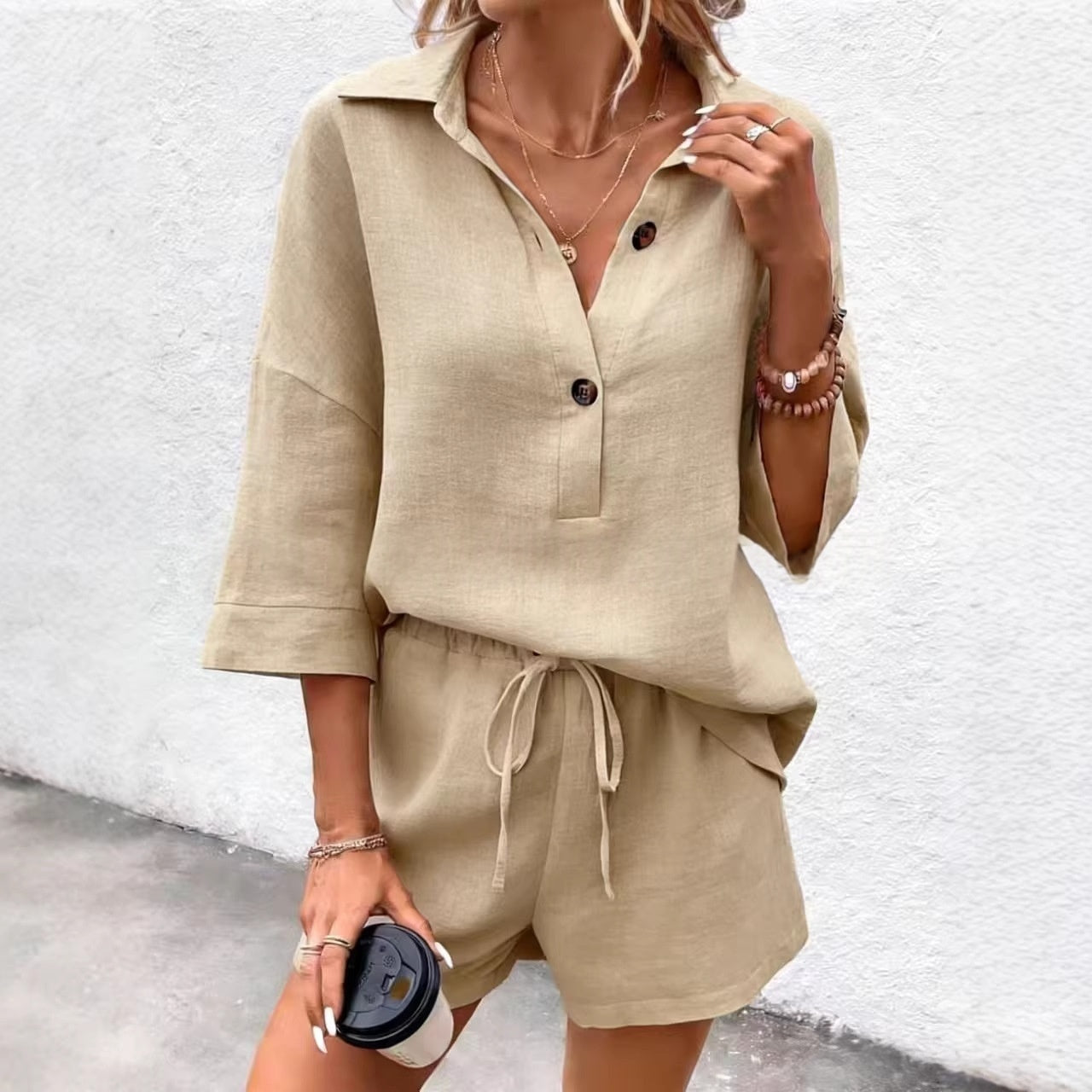 Women's Notch-Lapel Short-Sleeve Top & Belted Shorts Two-Piece Set FitiqueFit