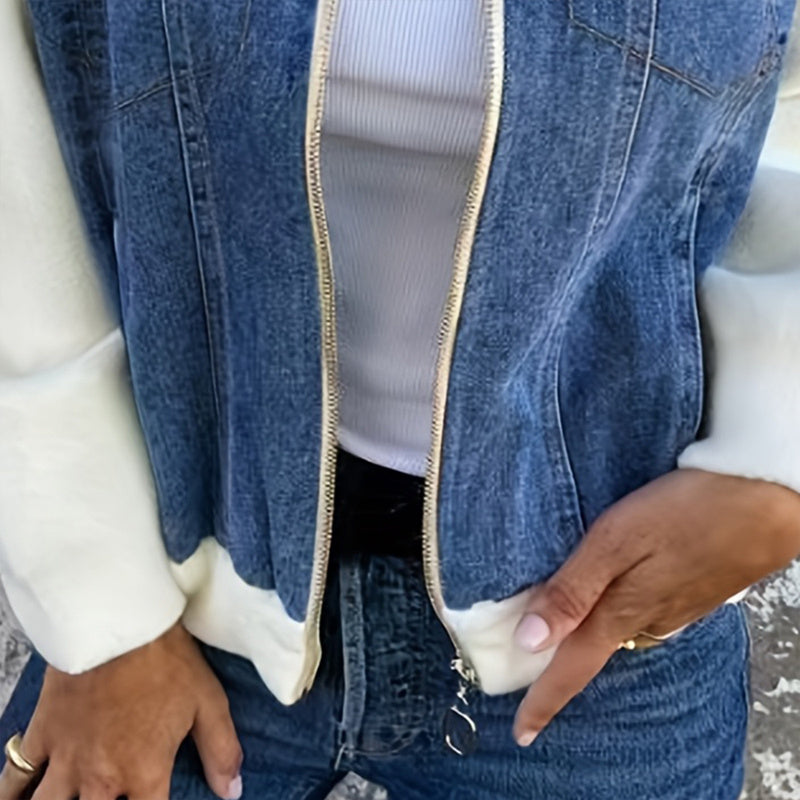 Women's Denim Patchwork Zip-Up Jacket FitiqueFit