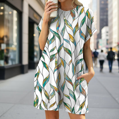 Floral Print Loose Pocket Dress | Round Neck Short Sleeve FitiqueFit