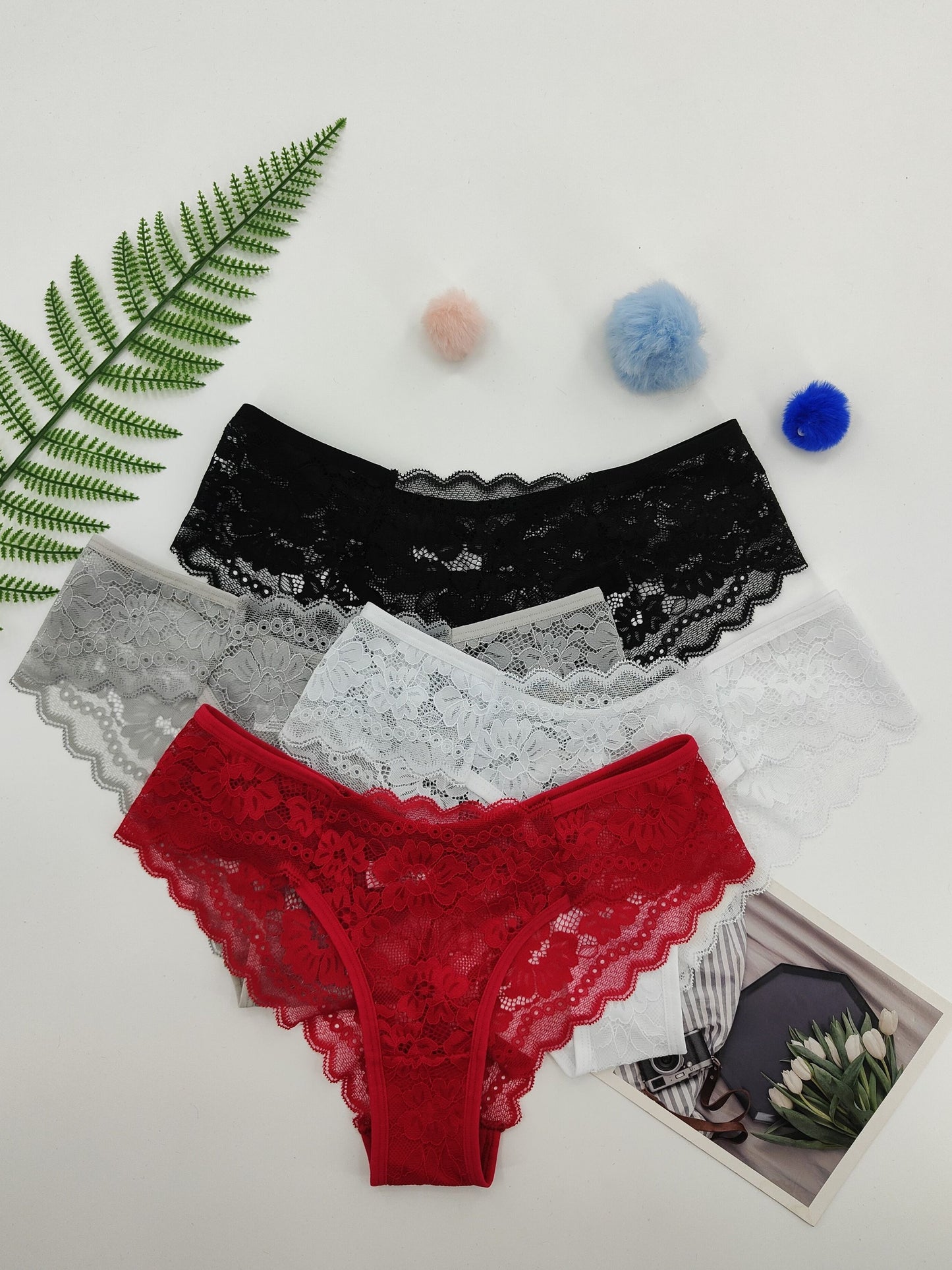 4 Pcs Women's Elegant Sheer Jacquard Lace Bikini Panties, Mid Stretch Low Waist Panties, Women's Lingerie & Underwear NovaCart