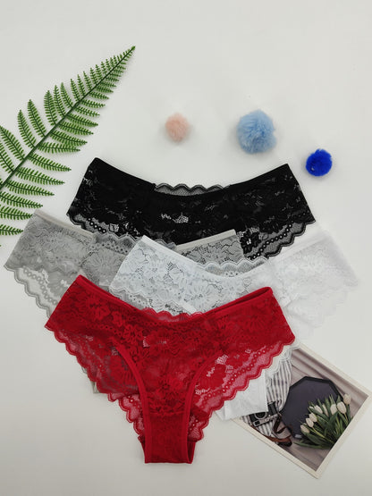 4 Pcs Women's Elegant Sheer Jacquard Lace Bikini Panties, Mid Stretch Low Waist Panties, Women's Lingerie & Underwear NovaCart