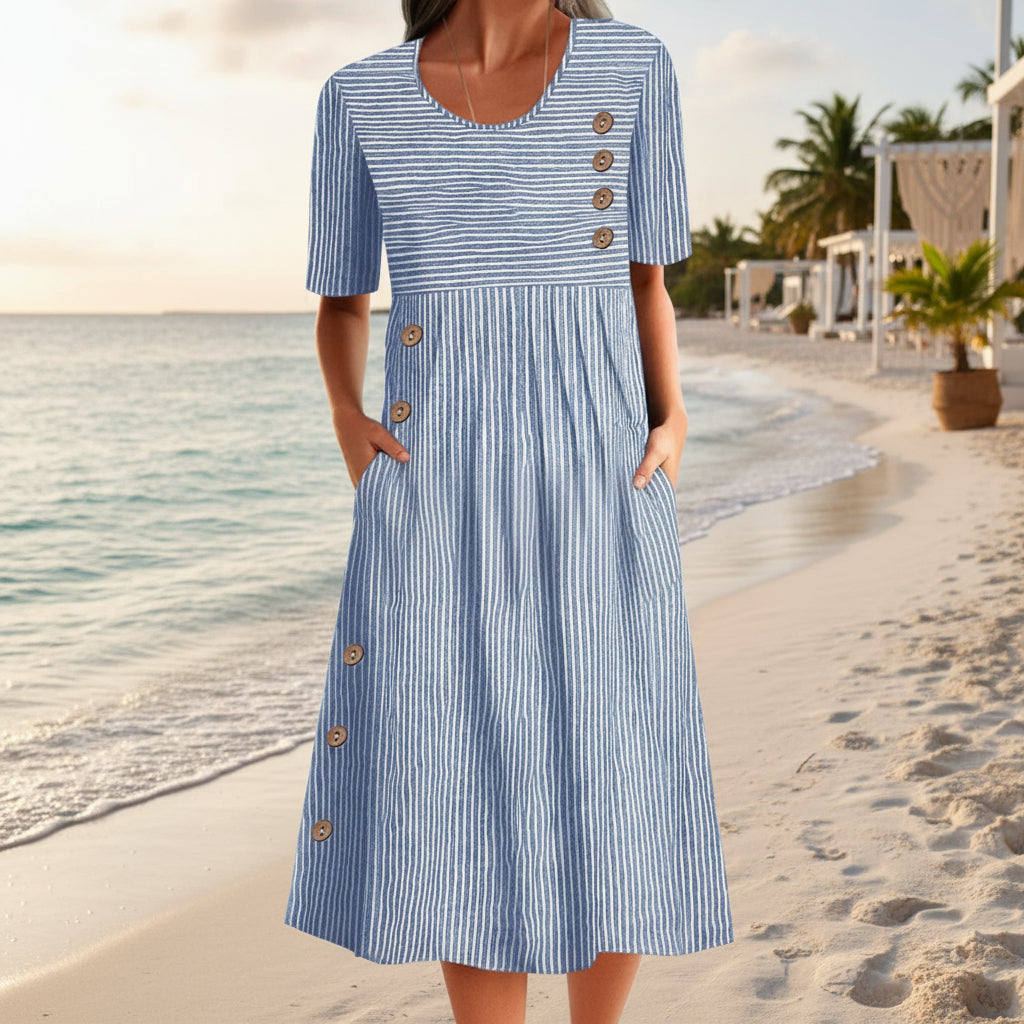 Button-Down Swing Maxi Dress – Short Sleeve Pocket Pullover Long Dress FitiqueFit