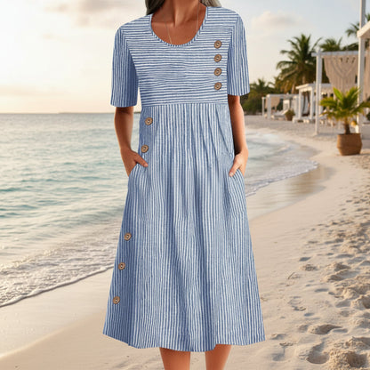 Button-Down Swing Maxi Dress – Short Sleeve Pocket Pullover Long Dress FitiqueFit