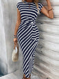 Elegant Waist Strap Striped Round Neck Short Sleeve And Long Pattern Dress Grayceful LLC