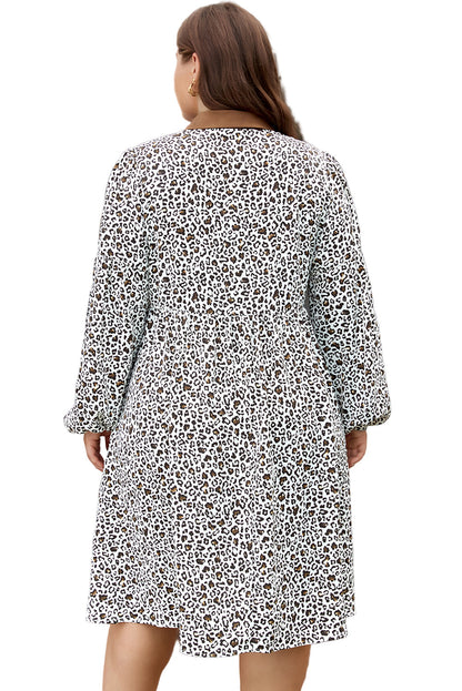 Khaki Plus Size Button V Neck Leopard Print Puff Sleeve Loose Mini Dress Garden Naked Curves