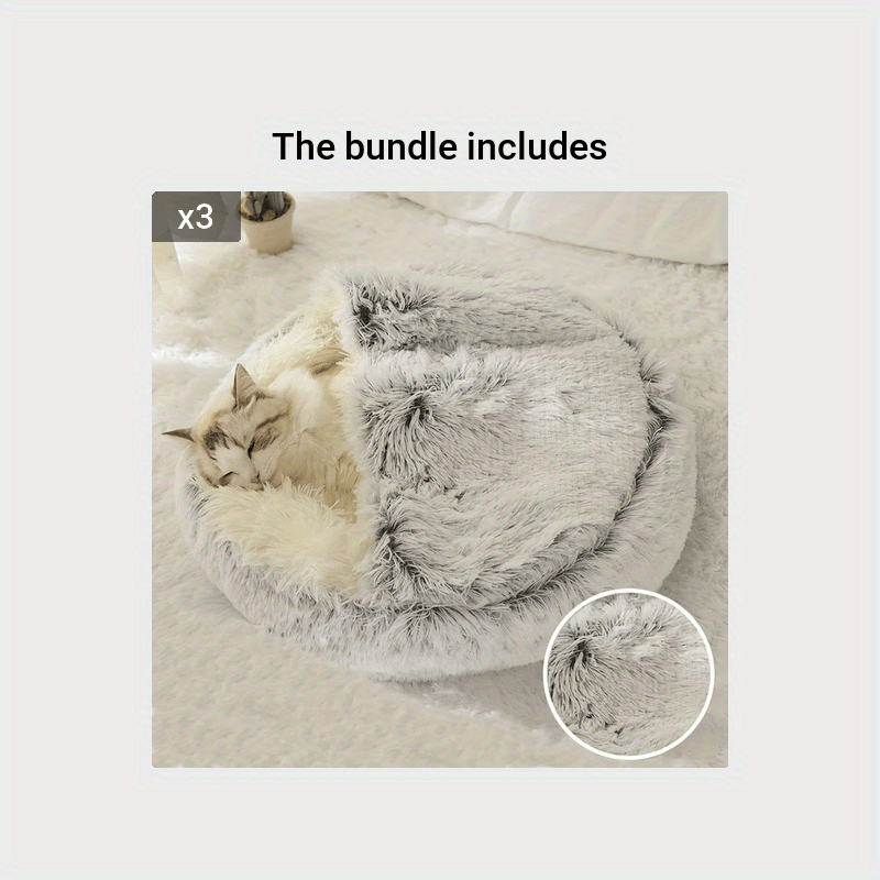 2 in 1 Round Warm Pet Bed House Polyester Cat Bed, Long Plush, Winter, with Sleeping Bag Sofa Cushion for Cat NovaCart