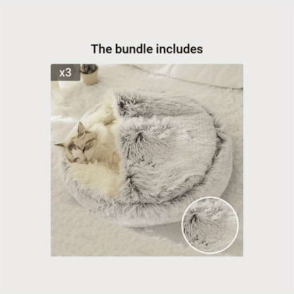 2 in 1 Round Warm Pet Bed House Polyester Cat Bed, Long Plush, Winter, with Sleeping Bag Sofa Cushion for Cat NovaCart