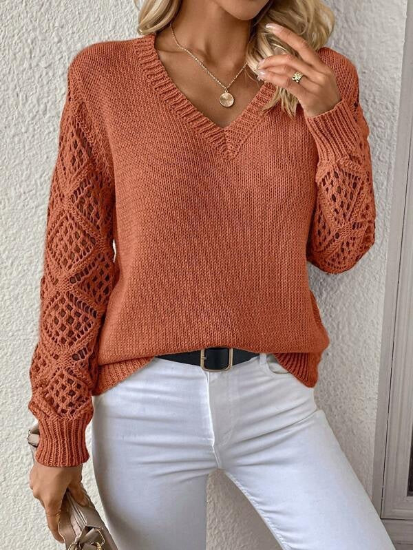 Loose Hollow Knitted Sweater Long-sleeved Pullover V-neck Top Women's Clothing Grayceful LLC