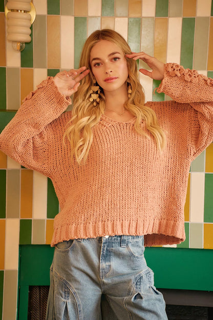 BiBi Chunky Knit Sweater with Flower Detail Sleeves FitiqueFit