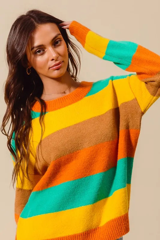 SO ME Multi Color Stripe Sweater with Ribbed Detail West2East Surf
