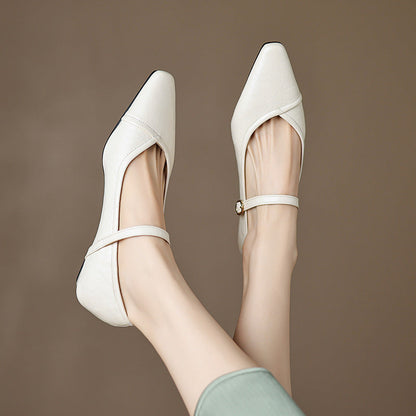Women's Pointed Toe Low Square Heel Buckle Flats – Floral Detail Dress Shoes FitiqueFit