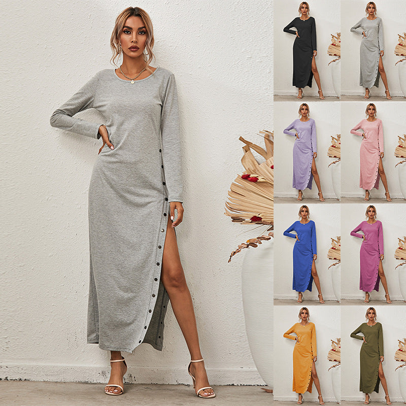 Long Sleeve Casual Long Dress With Split Buttons Grayceful LLC
