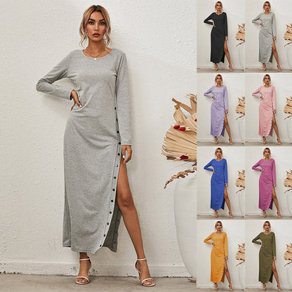 Long Sleeve Casual Long Dress With Split Buttons Grayceful LLC