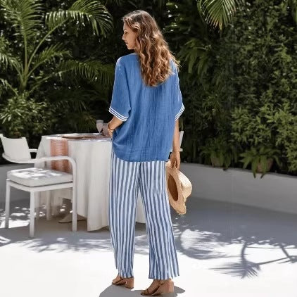 Women's Striped Tunic Top & Casual Trousers Two-Piece Set FitiqueFit