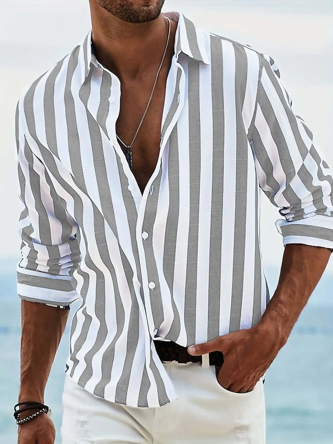 Striped Print Shirt Casual Loose Long-sleeved Shirt Men's Clothing SnagBag