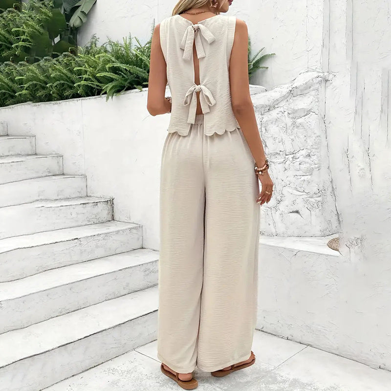 Elegant 2-Piece Matching Set, Sleeveless Crop Top And Wide Leg Pants Outfits FitiqueFit