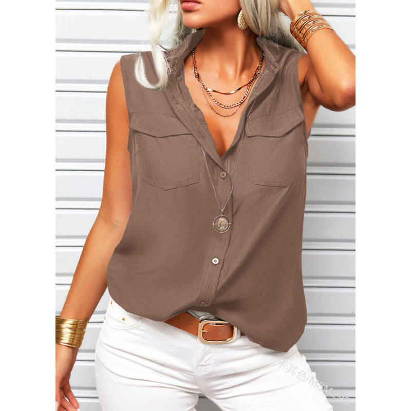 Women's Lapel Collar Sleeveless Top – Loose Fit, Pockets, Solid Color FitiqueFit