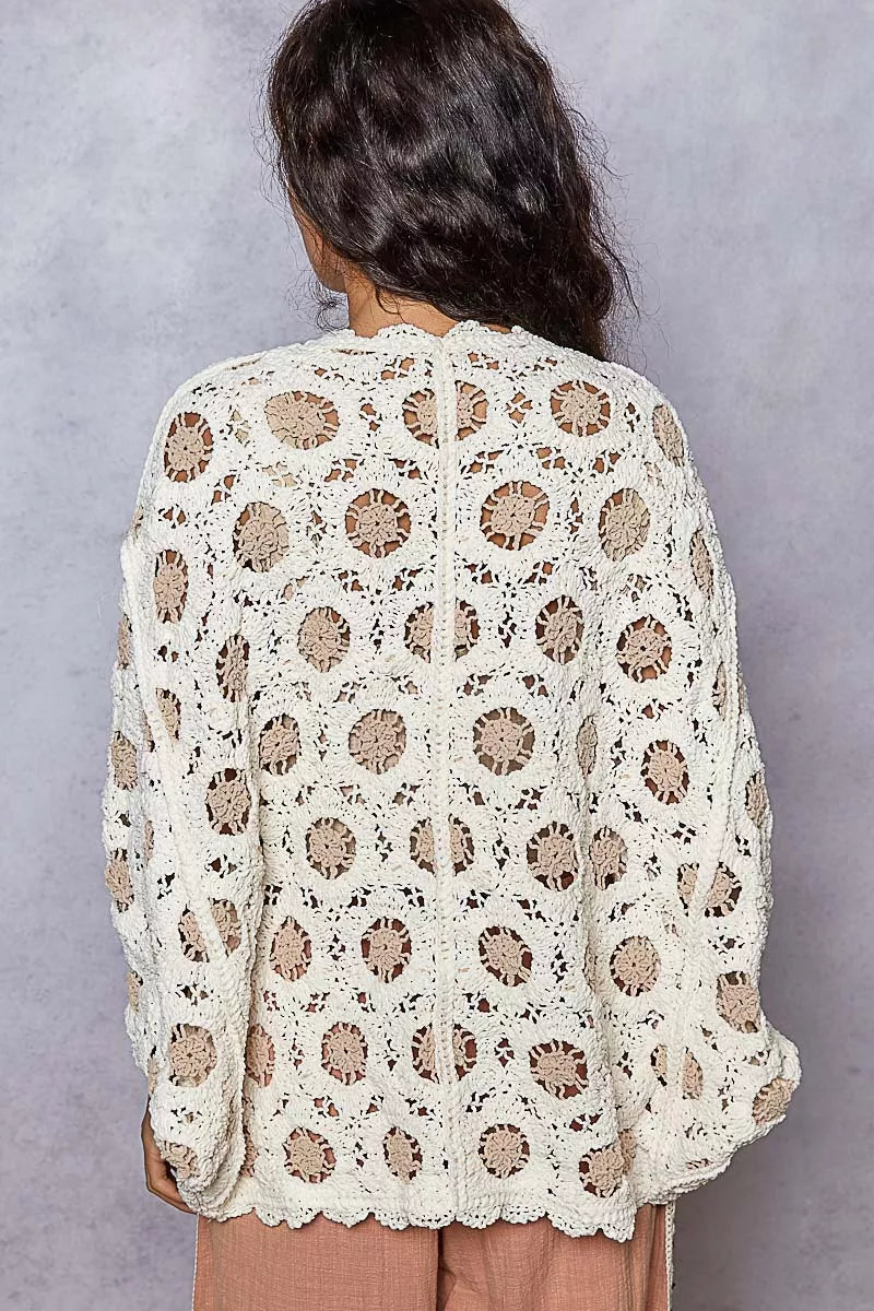 POL Openwork V-Neck Chenille Cardigan with Contrast Floral West2East Surf