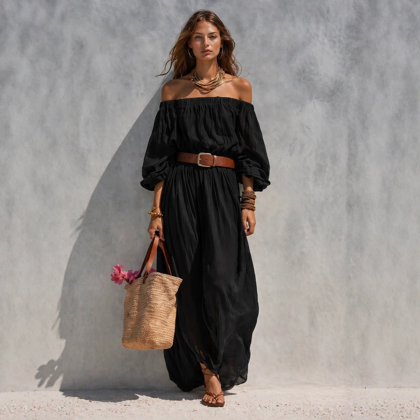 Women's Boat-Neck Sleeveless Cotton-Linen Maxi Dress FitiqueFit