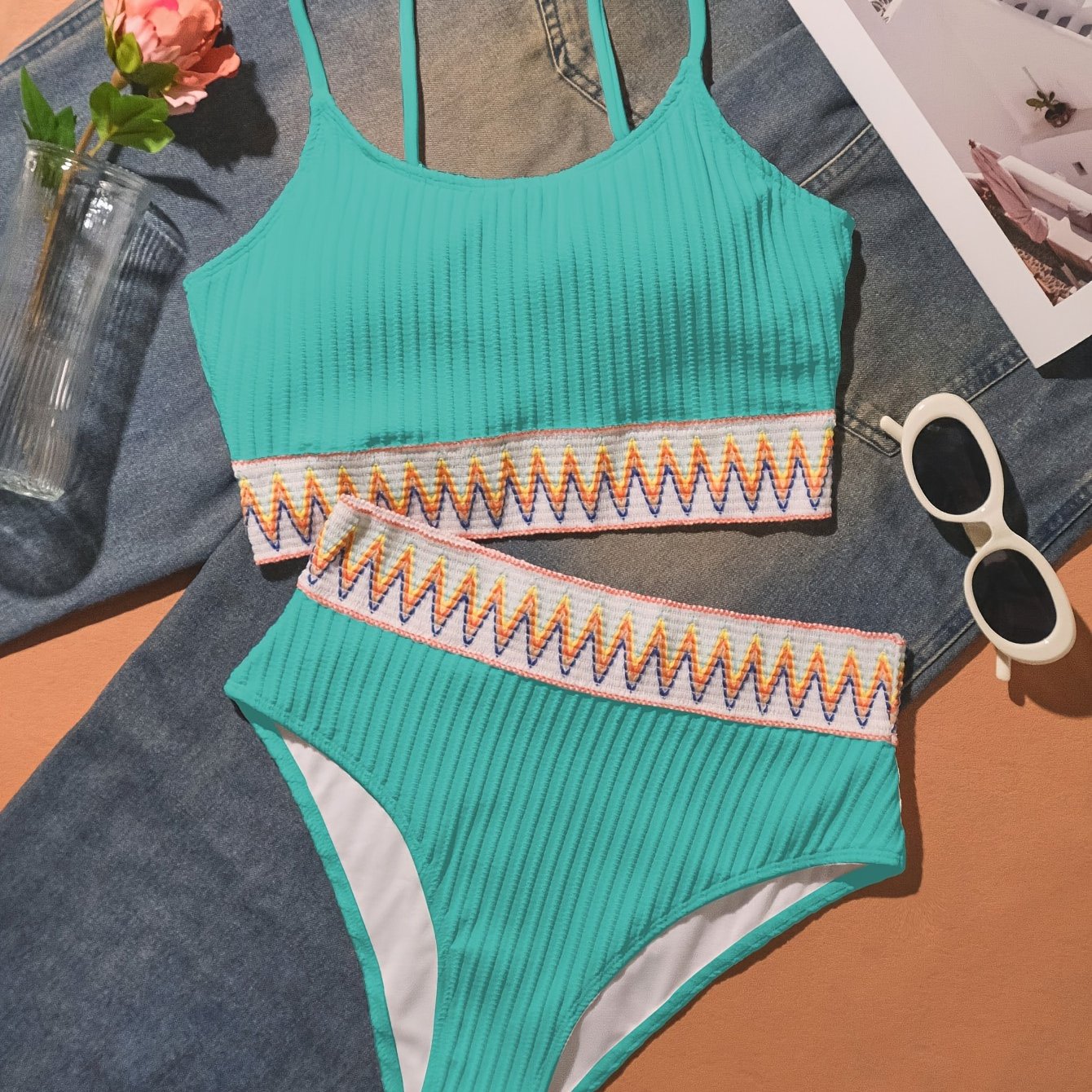Bikini Scoop Neck High Waist 2 Piece Swimsuit for Women – Chic Solid Color Bikini Set with Contrast Band Detail – Stretchy Comfortable Flattering Swimwear for Beach Pool and Summer Vacation Stevvex