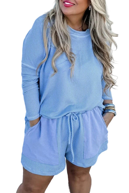 Light Blue Plus Size Ribbed Long Sleeve Top and Drawstring Shorts Set Garden Naked Curves