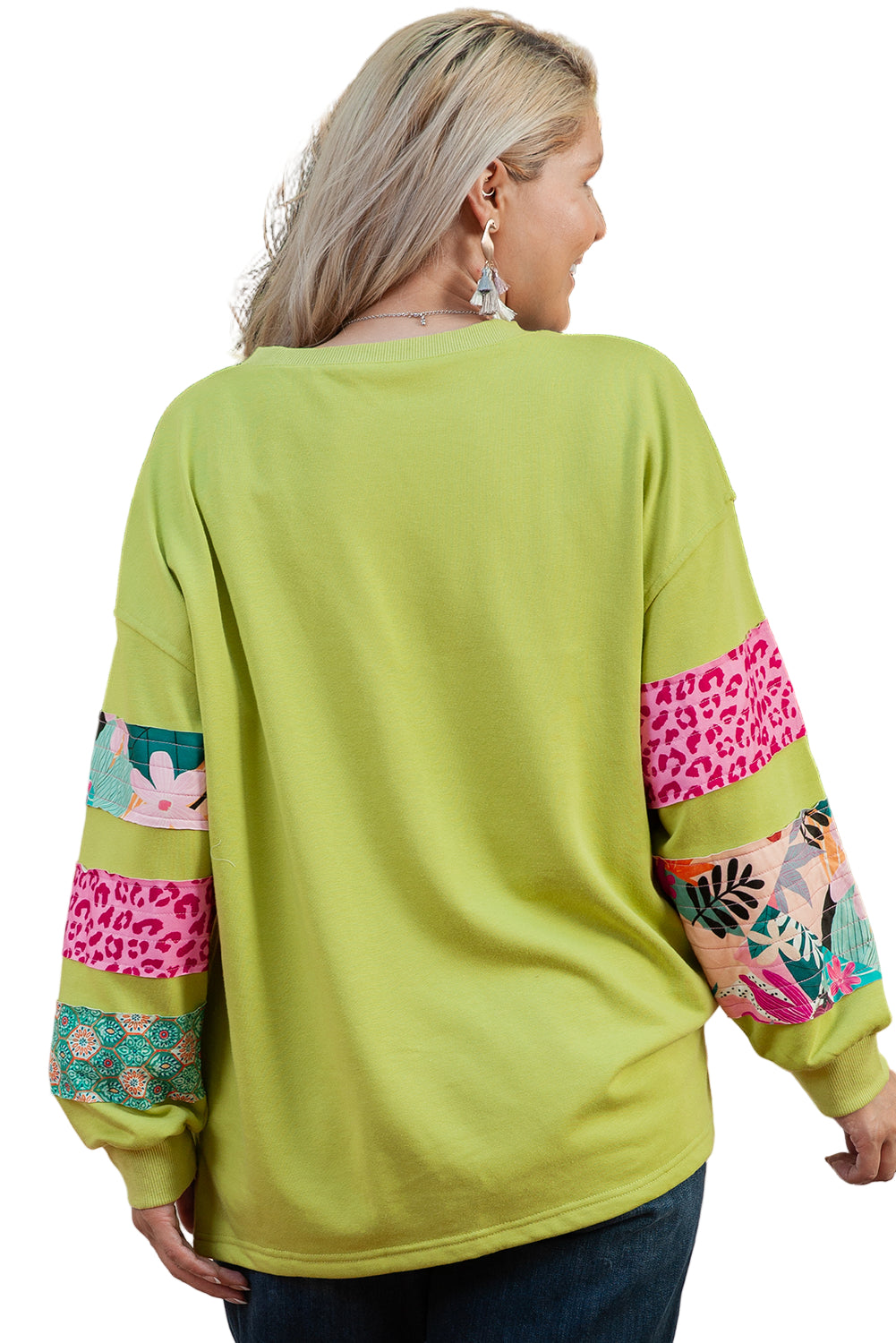 Green Plus Size Printed Patchwork Sleeve Split Sweatshirt Garden Naked Curves