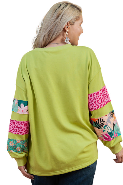 Green Plus Size Printed Patchwork Sleeve Split Sweatshirt Garden Naked Curves