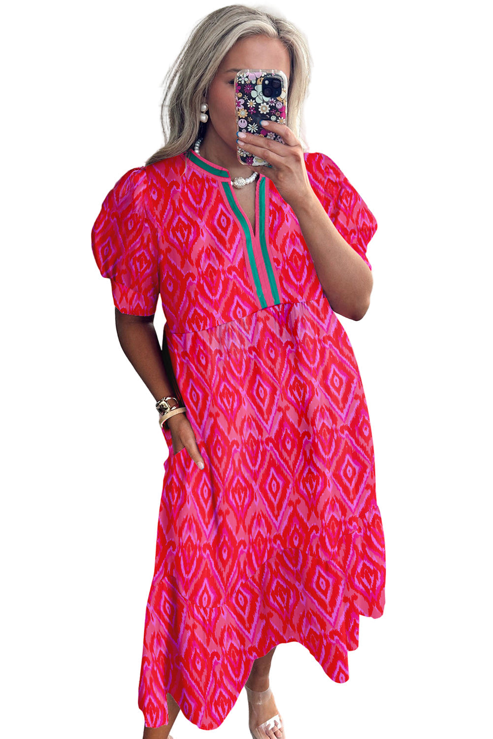 White Allover Print Contrast Split Neckline Short Puff Sleeve Curvy Dress Garden Naked Curves