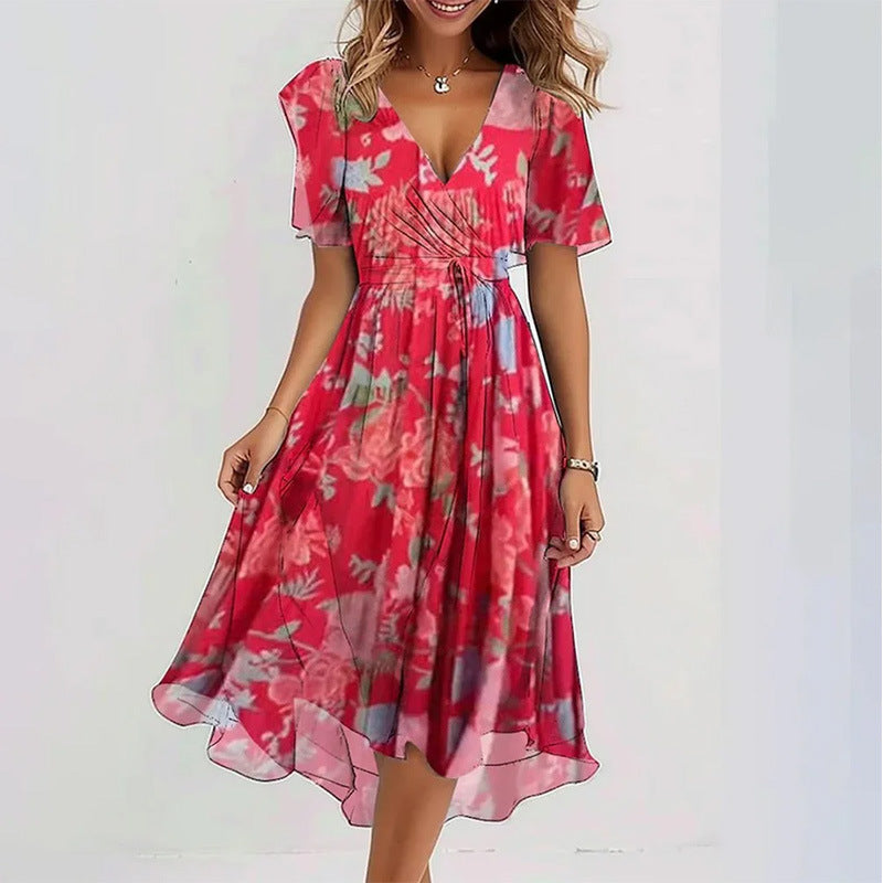 Floral Print A-Line Dress – V-Neck Short Sleeve Midi Dress FitiqueFit