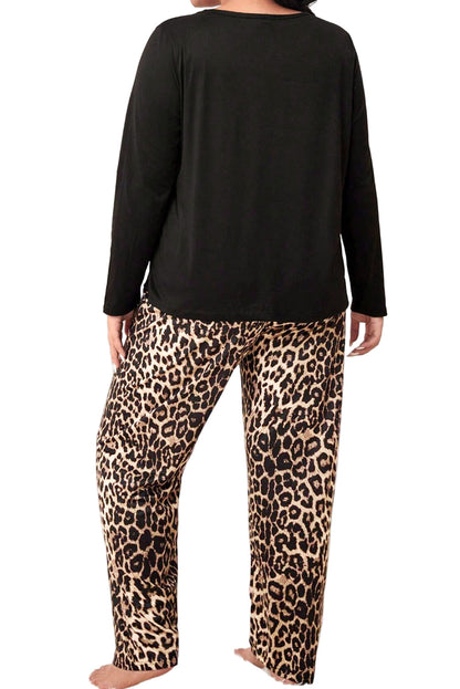 Black Leopard Patched Pocket Long Sleeve Top Plus Size Pants Set Garden Naked Curves