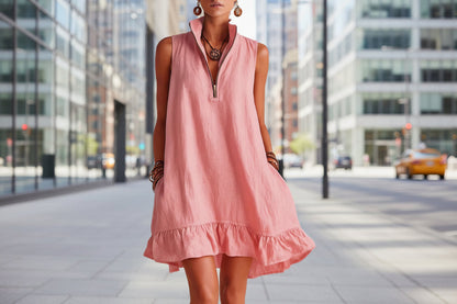 Women's Casual Loose Half-Zip Sleeveless Dress with Ruffle Hem FitiqueFit