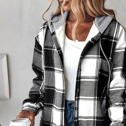 Women's Plaid Hoodie Long Sleeve Jacket With Pocket FitiqueFit