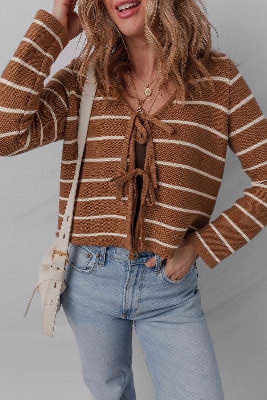 Stripe Tie-Front V-Neck Cardigan Sweater Shop Style & More | Fresh Looks, Everyday Deals & Free Shipping