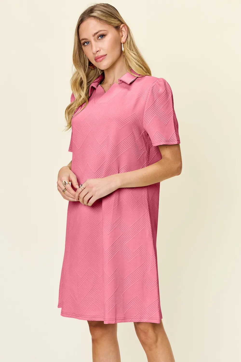 Double Take Full Size Texture Collared Neck Short Sleeve Dress West2East Surf