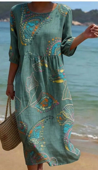 Women's 3D Floral Print Long-Sleeve A-Line Dress – Crew Neck Loose Fit FitiqueFit