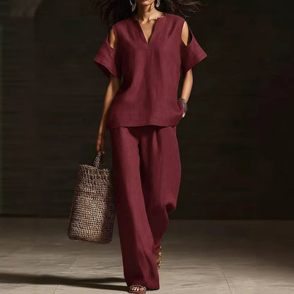 V-Neck Short Sleeve Top & Straight-Leg Pants Set – Ripped Detail, Pockets, Solid Color FitiqueFit