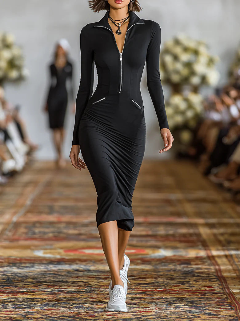 Women's Zip Front Slim Fit Pencil Dress – Mid-Rise Bodycon FitiqueFit