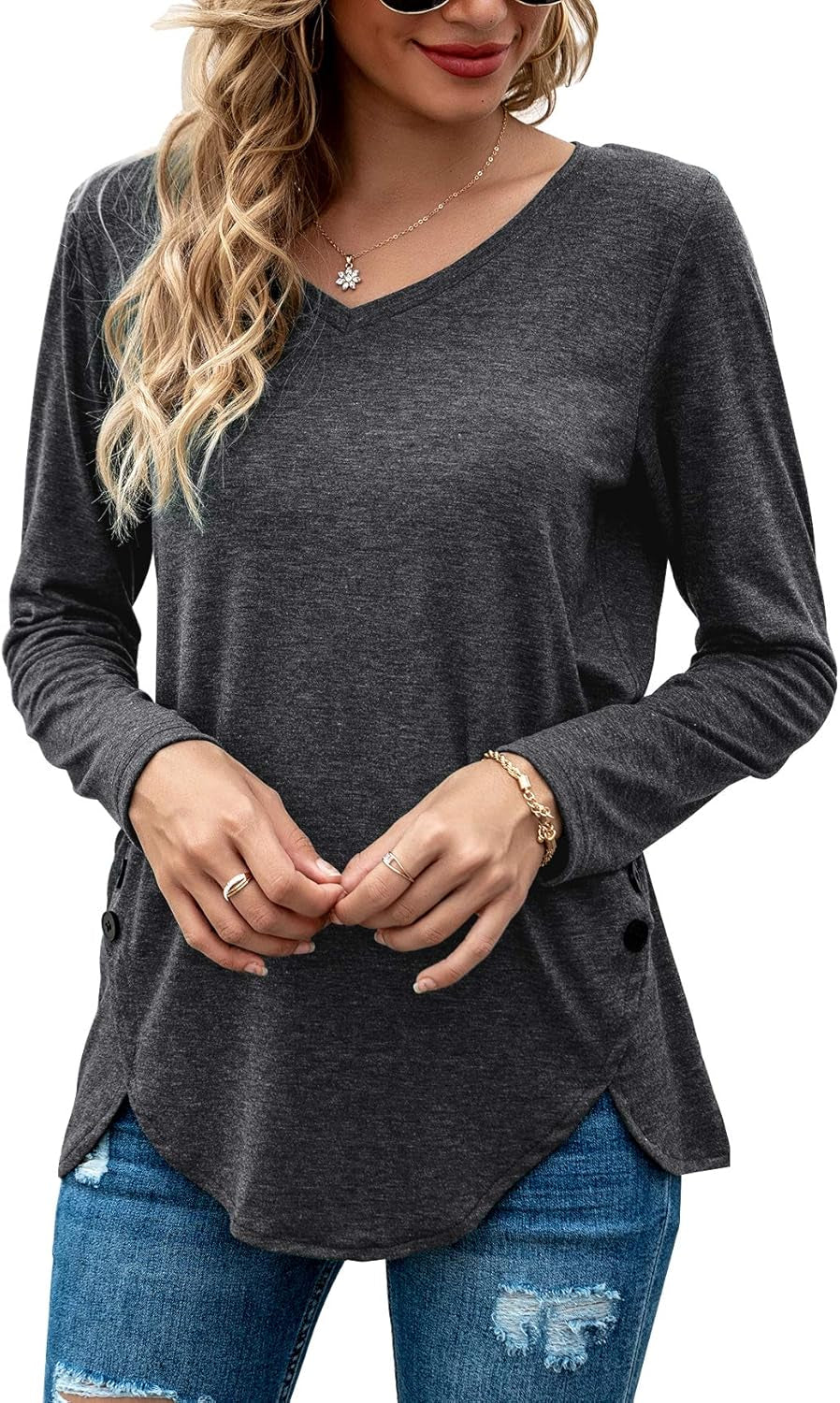 Womens Short/Long Sleeve T Shirts V Neck Casual Basic Tee Tops