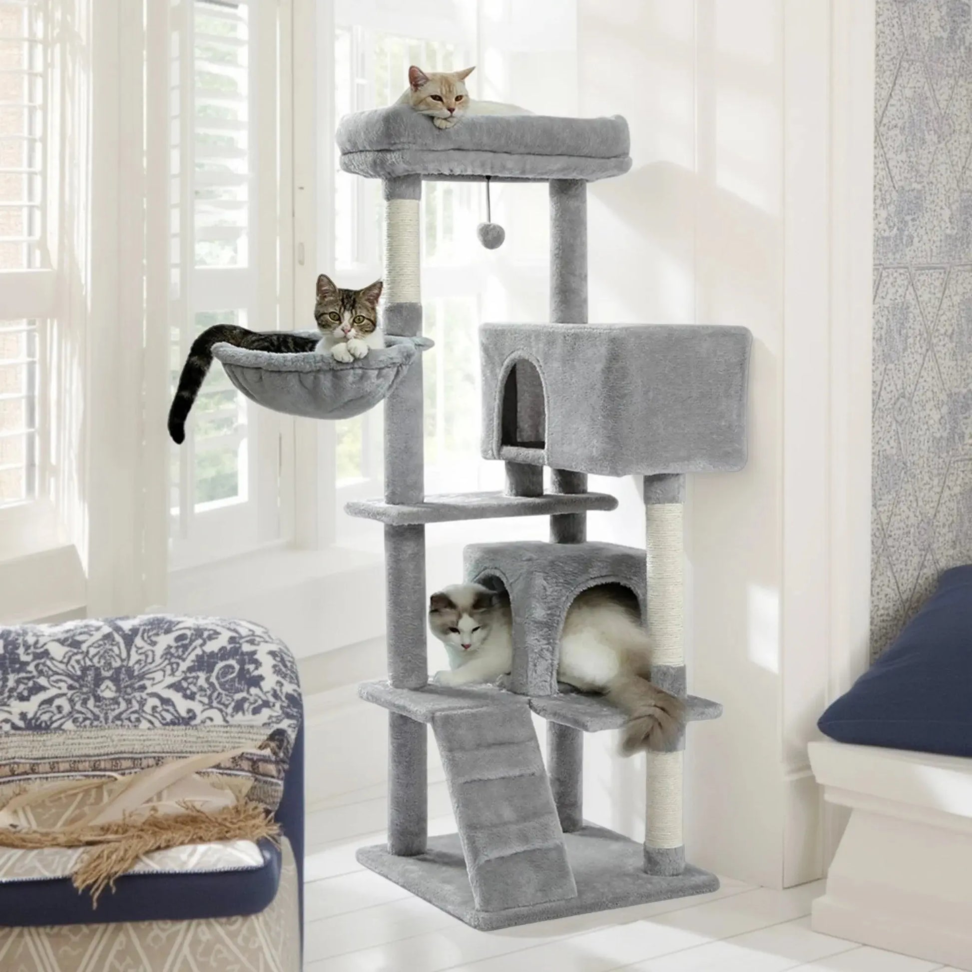 Deluxe 56" Cat Tree for Indoor Cats - Spacious Cat Tower with Plush Perches, Cozy Basket, and Durable Scratching Posts in Gray