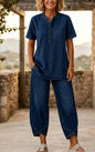 Women's Lapel Button-Up Top & Pants Two-Piece Set – Three-Quarter Sleeve FitiqueFit