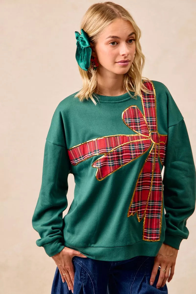 BiBi Plaid Ribbon Bow Detail Christmas Fleece Pullover FitiqueFit