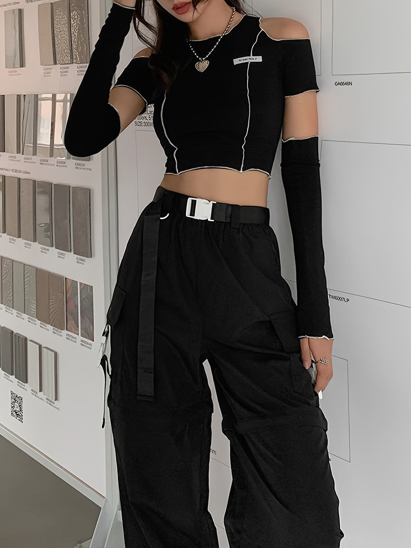 Summer Stylish Short Fitted T-Shirt for Women with a Round Neck, Hollow Design, And Long Sleeves, Perfect for Street Photography NovaCart