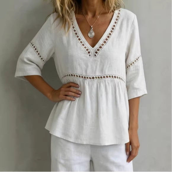 Women's V-Neck Hollow-Out Fringe Cotton-Linen Top FitiqueFit