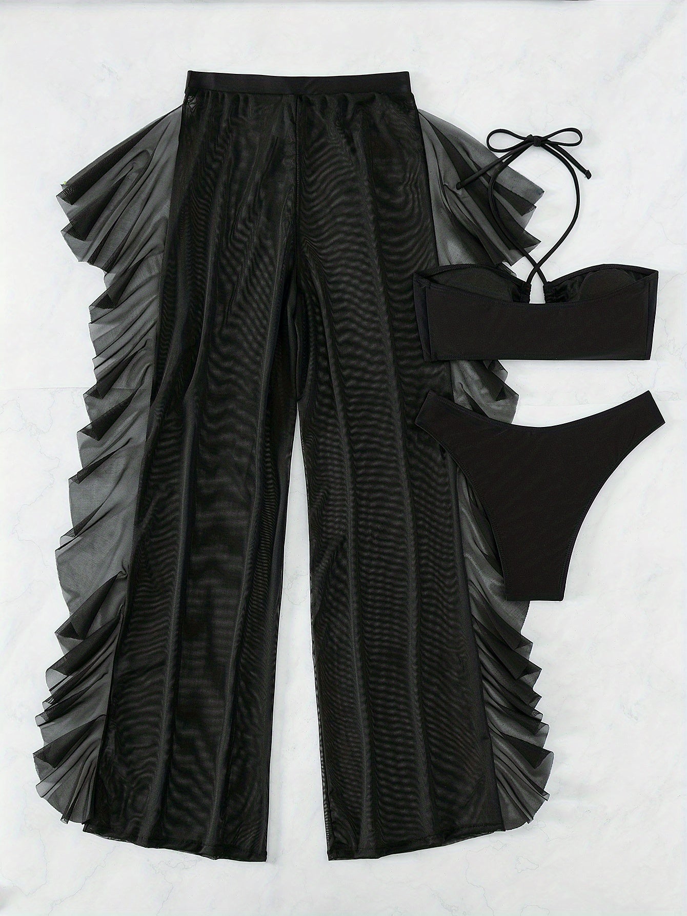 Pure Black Sexy Semi-Sheer Fashion Ruched Crisscross Strap Mesh Panty Bikini Set for Women NovaCart