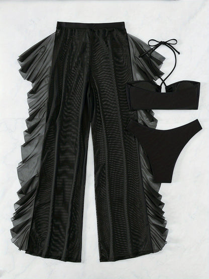 Pure Black Sexy Semi-Sheer Fashion Ruched Crisscross Strap Mesh Panty Bikini Set for Women NovaCart