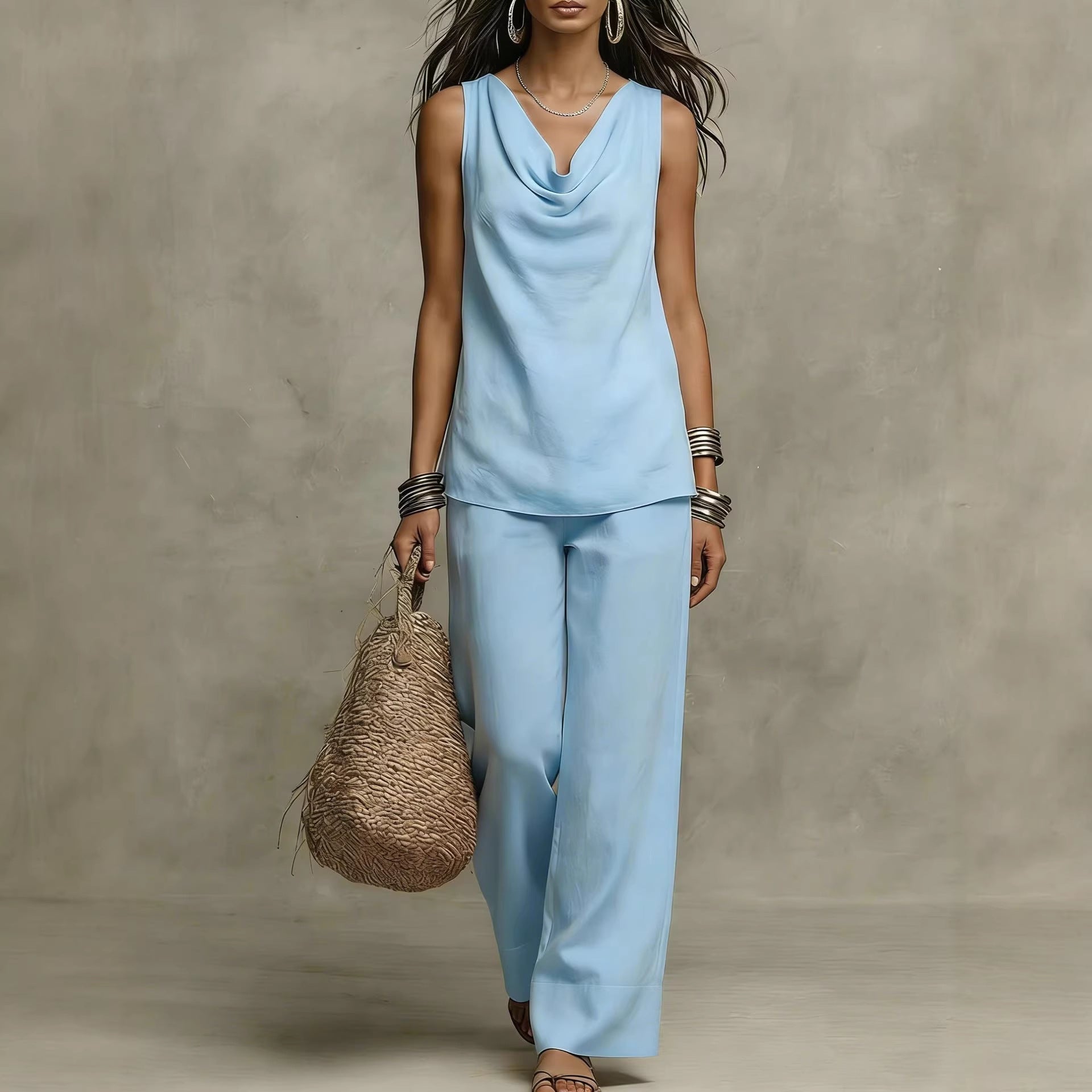 Women's Slash-Neck Sleeveless Tank Top & Casual Pants Set FitiqueFit