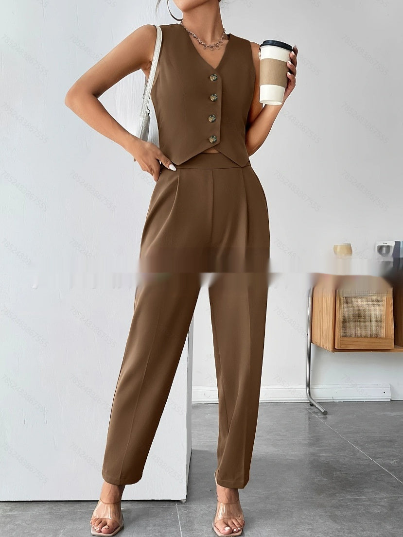 Women’s Coffee Sleeveless Pleated Jumpsuit FitiqueFit